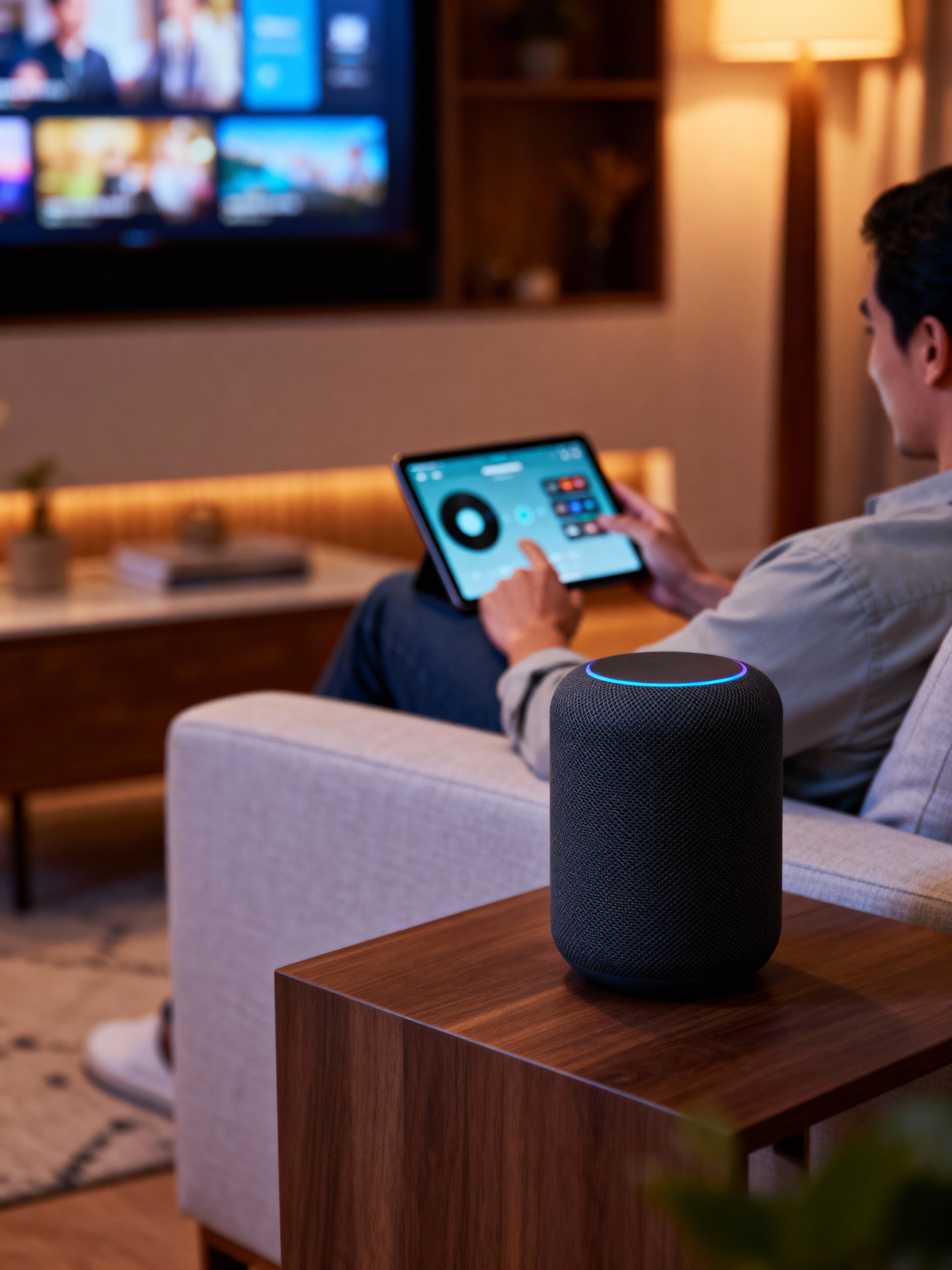 man using smart home control tablet smart speaker
